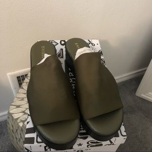 Olive green slide in wedge sandals